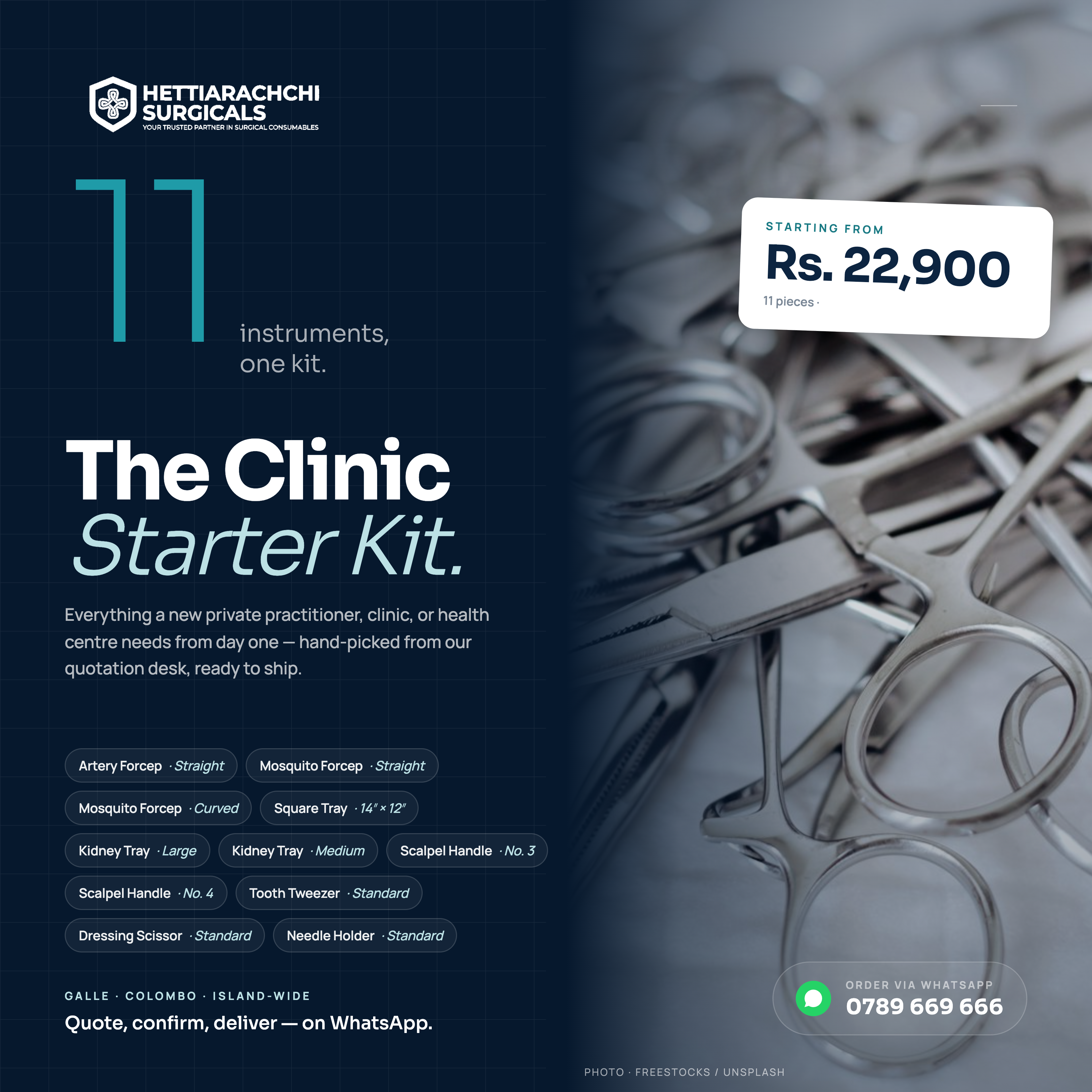 Clinic Starter Kit — 11 instruments, Rs. 22,900. Everything a new clinic needs from day one.