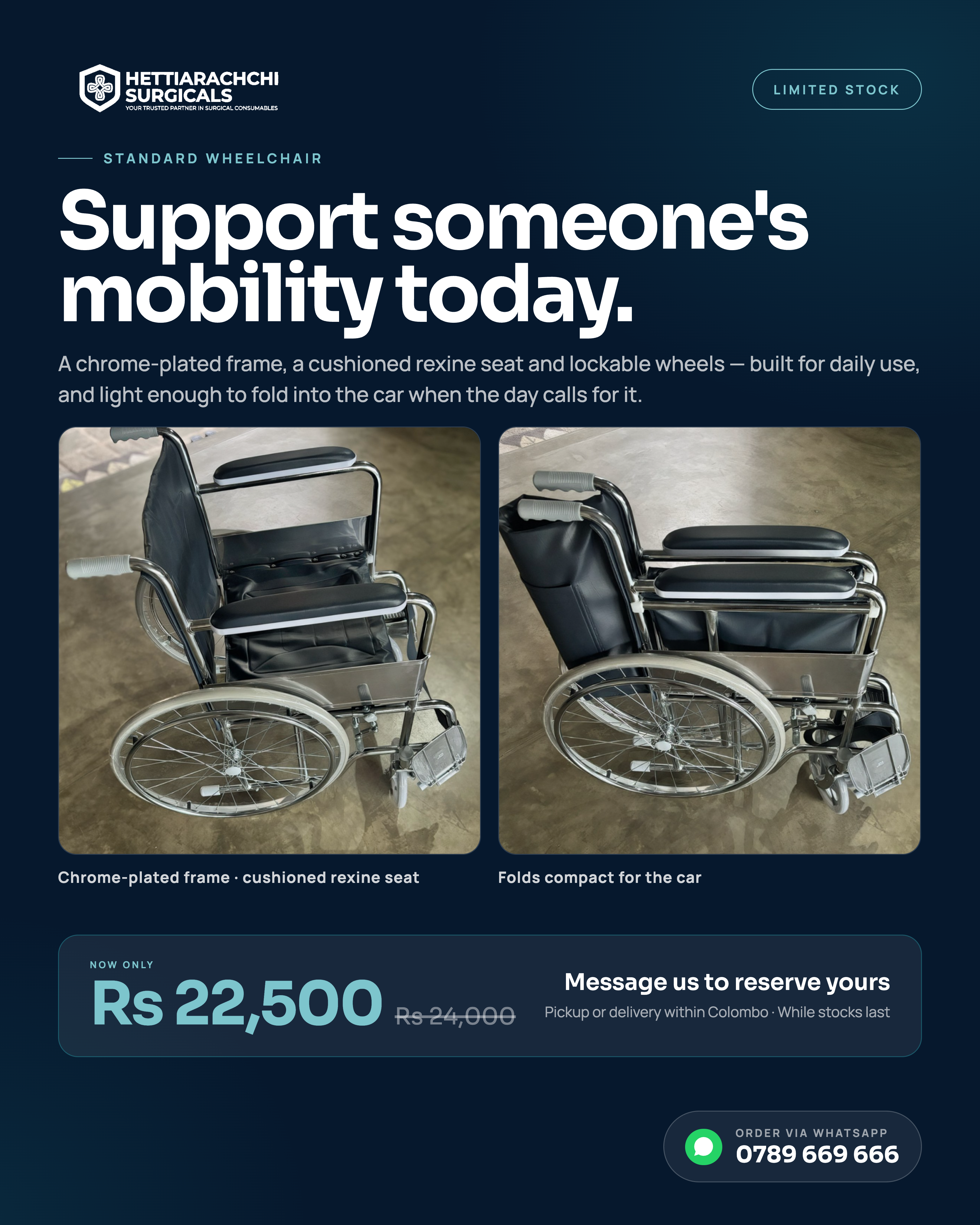 Wheelchair Promo — Premium mobility aid from Hettiarachchi Surgicals, Sri Lanka.
